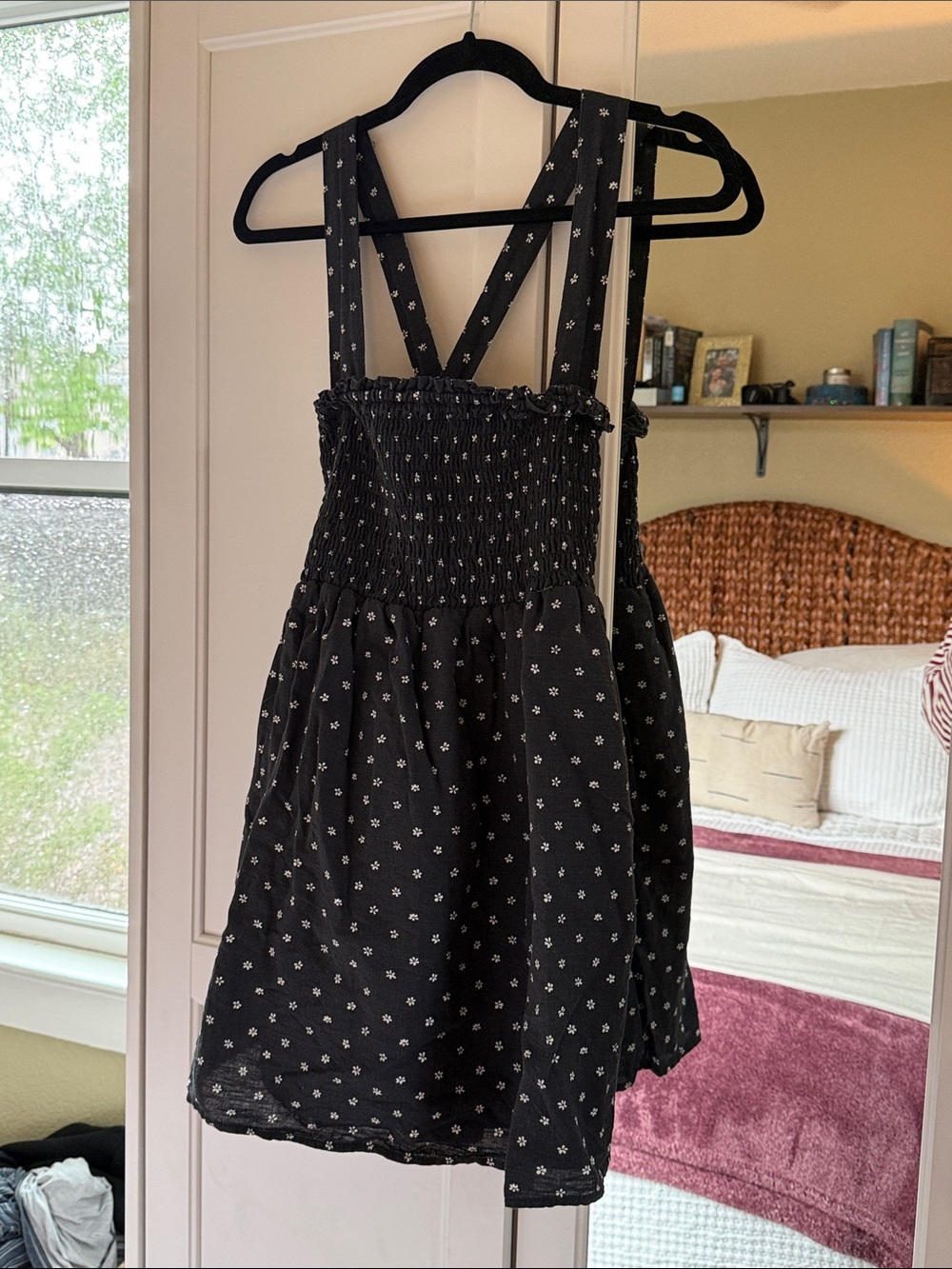 American Eagle Black Floral Smocked Sundress with Cross-back Adjustable Straps